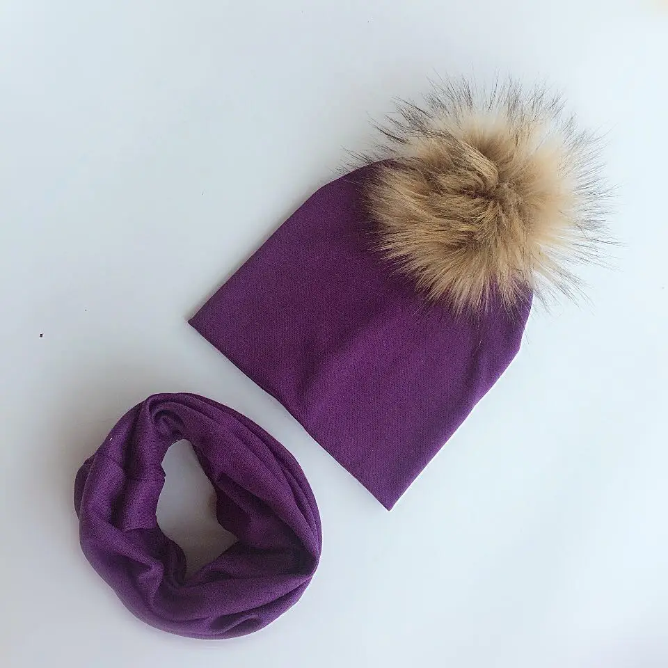 2 purple Детская шапка с помпонами, осенне-зимние детские шапки для девочек и мальчиков, детская шапочка, шапка с воротником, шарф, комплект, детская шапка, реквизит для фотосессии - Цвет: 2 purple