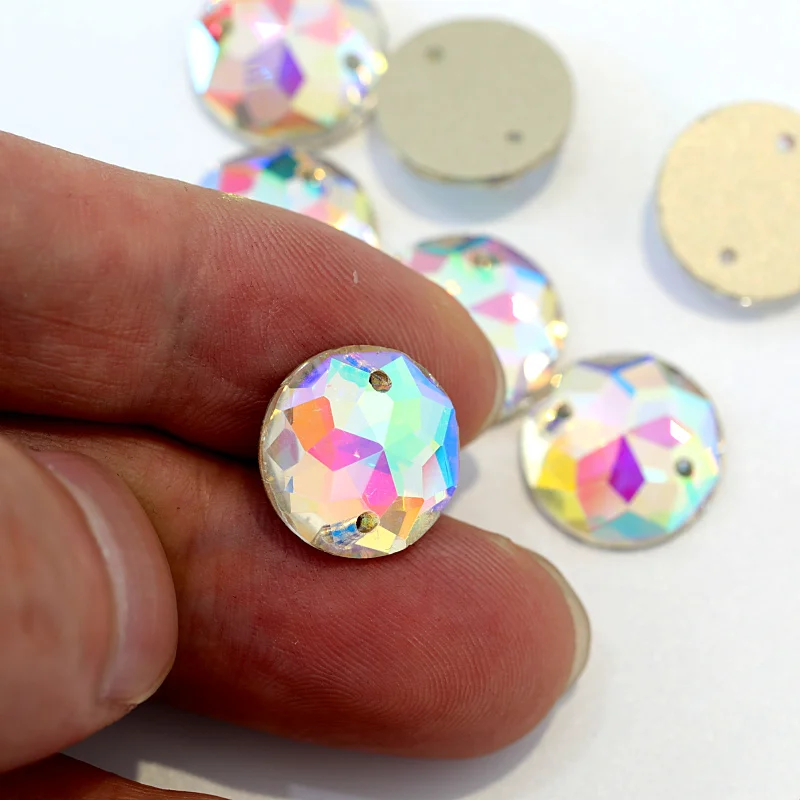 36pcs 14mm Glass Strass Crystal AB Round Gird Sew On Rhinestones White Holes Sew-on Stones For Clothes Decoration B1012 | Дом и сад