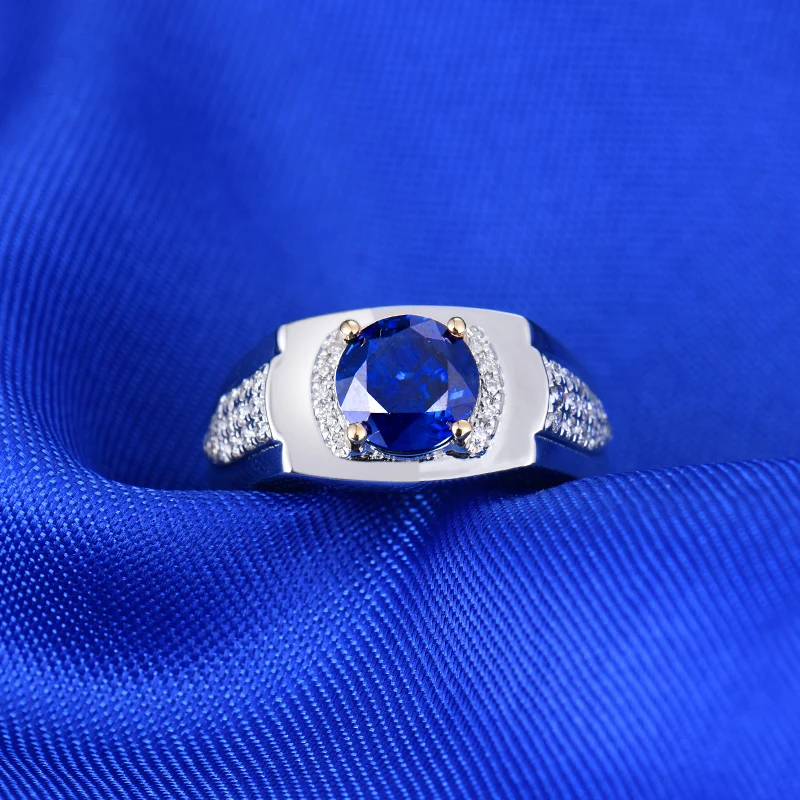 LOVERJEWELRY Настоящее твердое 14Kt белое золото синий сапфир для мужчин обручальное кольцо натуральный бриллиант модные ювелирные изделия для мужей юбилей