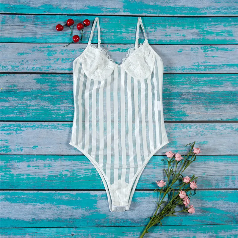 

Sexy Spaghetti Strap Striped Lace Bodysuit Women Sheer Transparent Lace Stitching Playsuit Mesh Stripe Sleeveles Bodysuit