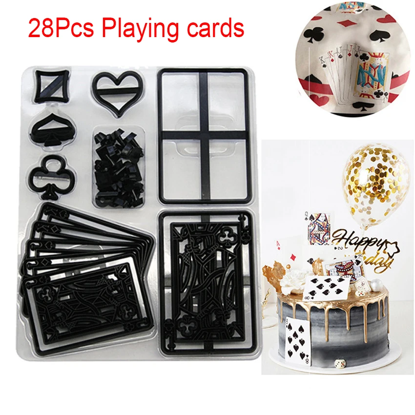 28Pcs Playing cards Новые формы для украшения торта, набор пластиковых формочек для печенья, выпечки, инструменты для свадебной музыки, семейные животные, баллон - Цвет: 28Pcs Playing cards