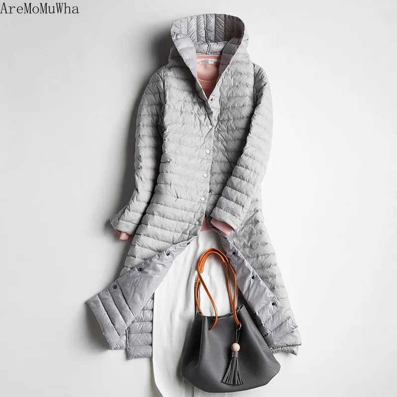 AreMoMuWha легкий пуховик с воротником стойкой женский длинный тонкий выше колена