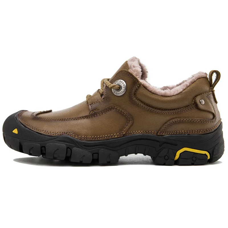 Khaki With Fur Shoes VESONAL/качественная зимняя Уличная обувь из натуральной кожи для пеших прогулок; повседневная мужская обувь для взрослых; теплые короткие плюшевые кроссовки; мужская обувь - Color: Khaki With Fur Shoes