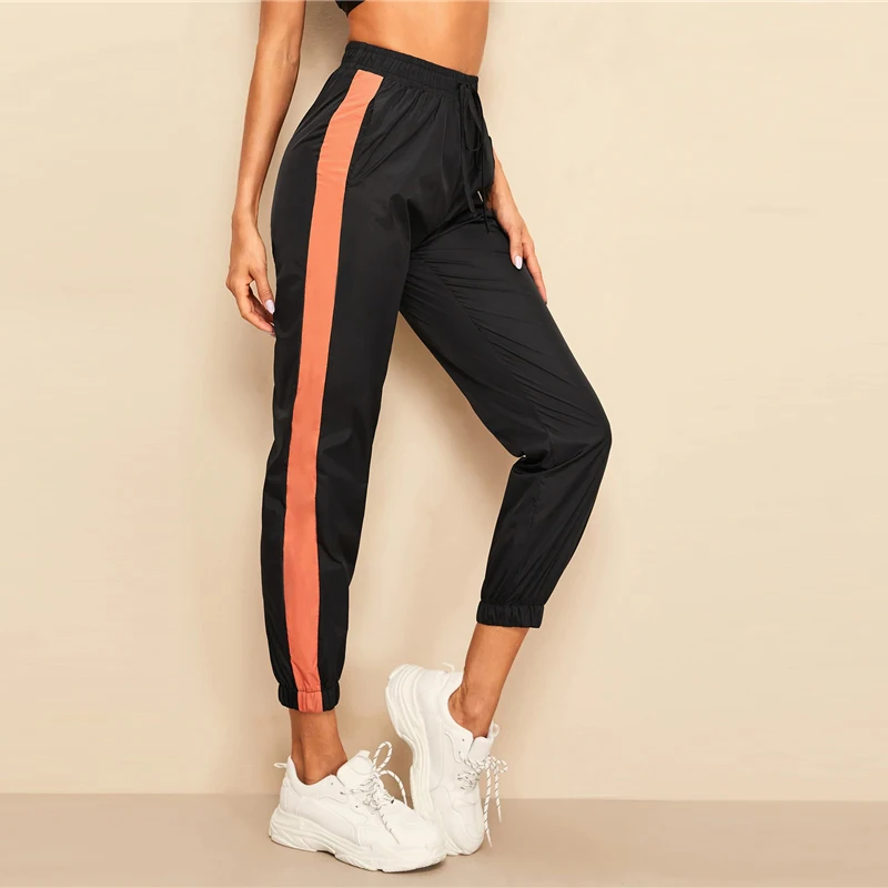 SweatyRocks контрастная сторона эластичный подол Ветер Брюки Для Женщин Colorblock активная одежда зауженные брюки Весна Повседневные Брюки Капри