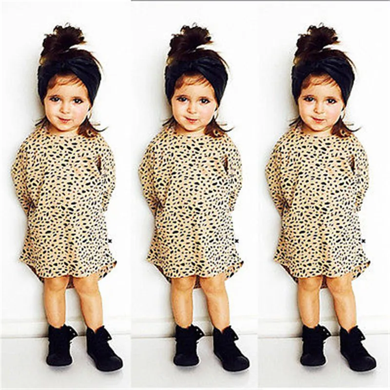 Emmababy High Quality arrival New born Baby Clothes Spring Antumn Long Sleeve Asymmetrical Leopard Dress Kids Girl | Мать и ребенок