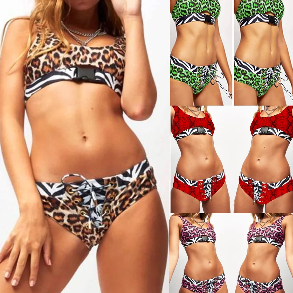 Модные женские сексуальные бикини с пряжкой и леопардовым принтом высокая талия