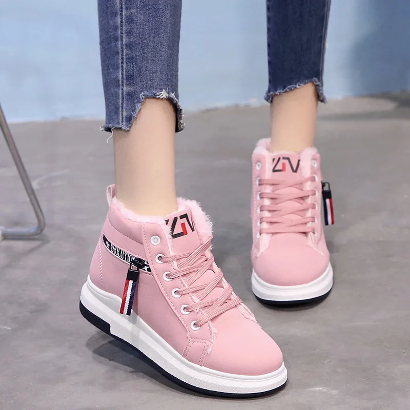 2018 модные Корейская женская обувь зимние Обувь на теплом меху высокие кроссовки