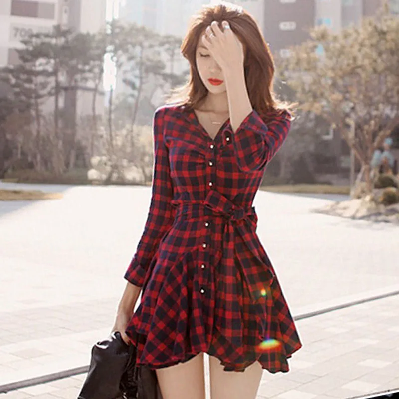 Женское красное платье в клетку с принтом 2018 сексуальное офисное длинным рукавом