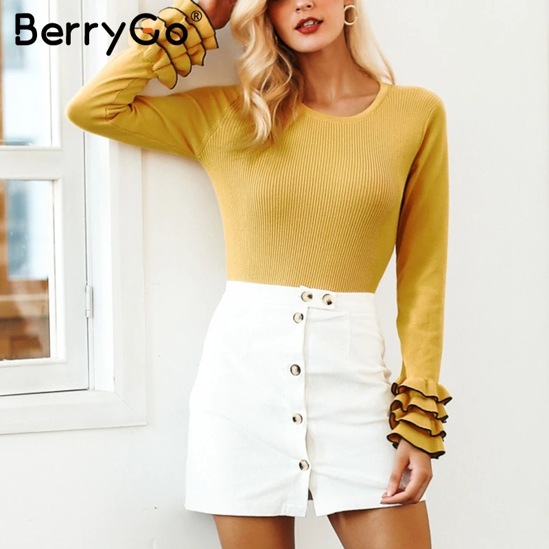 BerryGo Elegant ruffles knitted winter sweater 2018 pull femme Women casual pullover Autumn ladies sweaters slim female jumpers | Женская