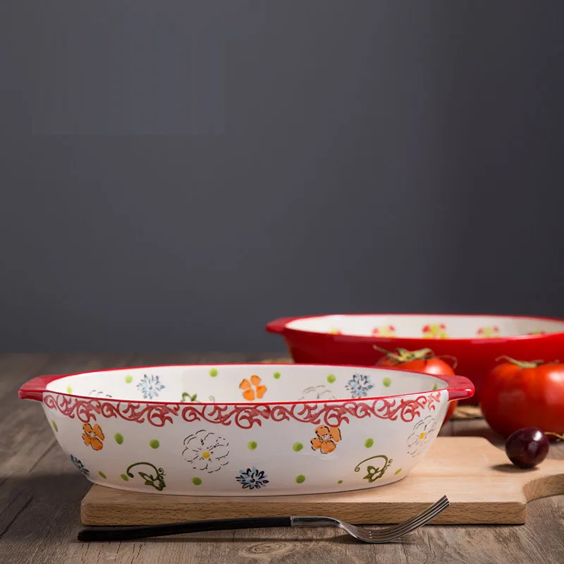 Керамическая тарелка для выпечки сыра риса овальная Западный Цветочный поднос