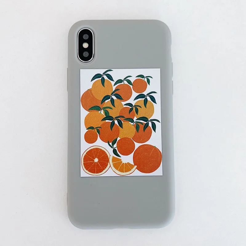 Серый Матовый чехол для телефона с оранжевой иллюстрацией для iPhone X XS Max XR 6 6S 7 8 Plus, мягкие чехлы с милыми рисунками из мультфильмов и цветов, задняя крышка - Цвет: Серый