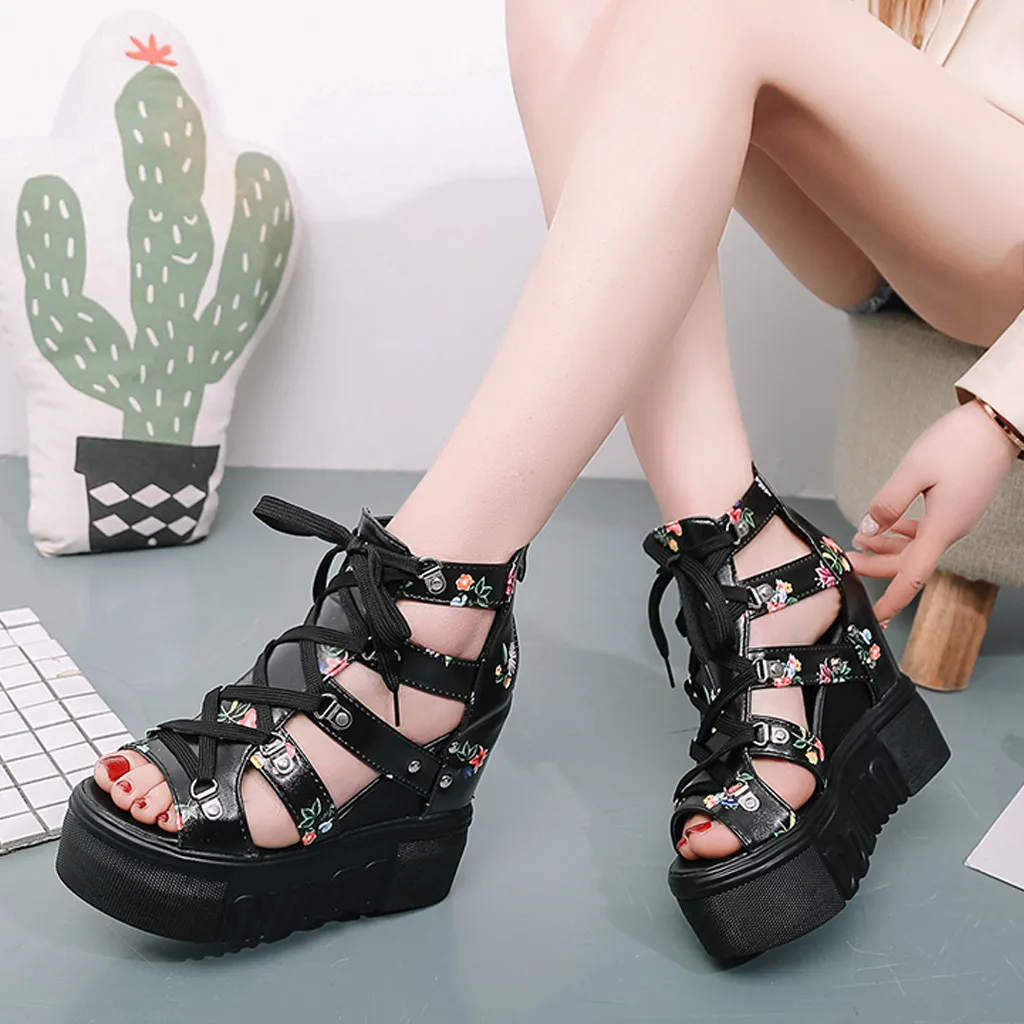 Летние женские босоножки на танкетке модные римские сандалии высоком каблуке с