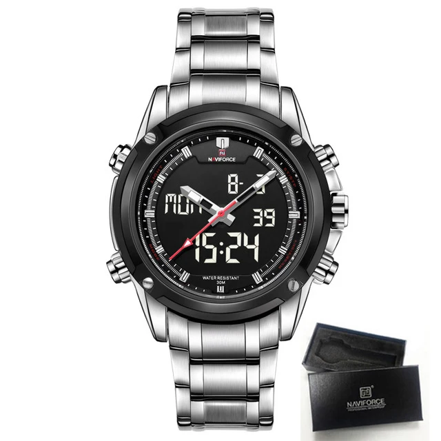 Box and Silver Black Топ люксовый бренд NAVIFORCE мужские спортивные часы мужские кварцевые светодиодный аналоговые часы полностью стальные мужские военные наручные часы relogio masculino - Цвет: Box and Silver Black