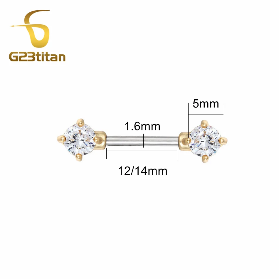 G23titan 2 шт 14 г хирургические Сталь циркония пирсинг со штангой Золотой/золотой с
