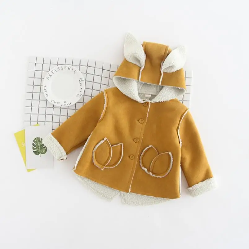Cartoon Rabbit ears Children Coat Button Closure Hooded Jacket Outerwear Suede Fabric Coats Autumn Winter Kids Clothing | Детская одежда
