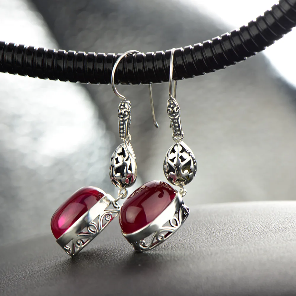 Женские винтажные серьги-подвески из серебра 925 пробы с натуральным камнем -