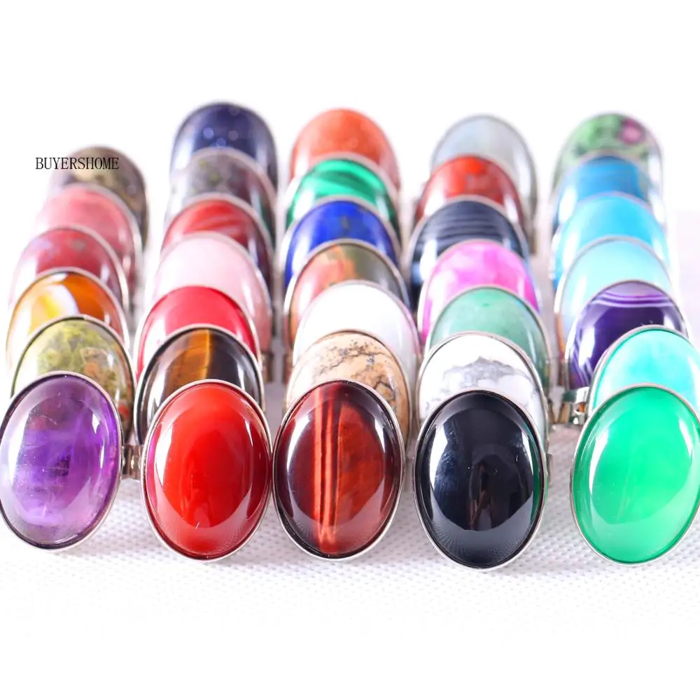 

10Pcs Women Men Wedding Rings Jewelry Gift Natural Stone Oval Beads Green Onyx Adjustable Finger Ring Z100