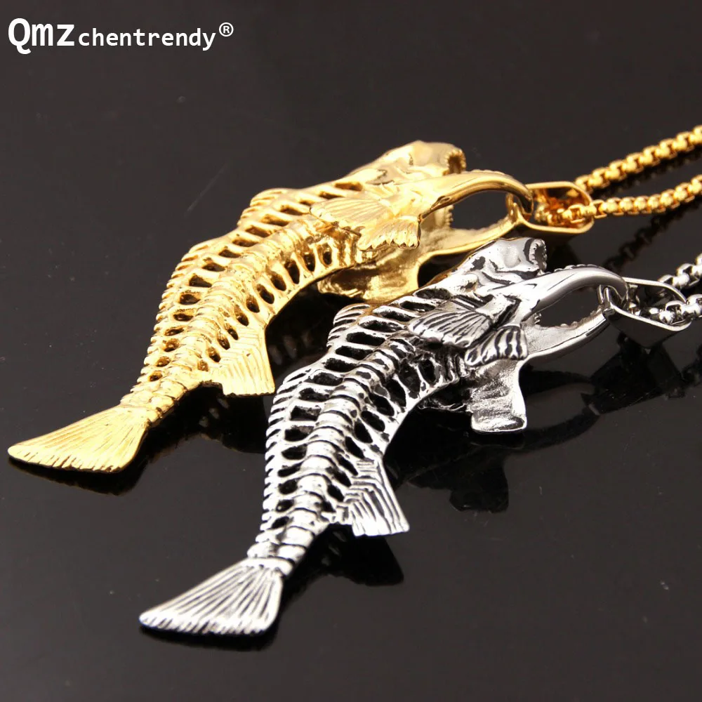 Buy Hip hop Fish Bone & Fishing Hook Pendant Necklaces Punk Style Men 316L Stainless Steel Box Chain 2 Colors Personality Jewelry on