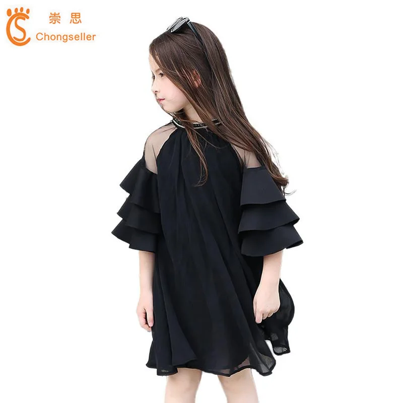 

2018 Kids Dresses for Girls Summer GirlsFashion Dress Chiffon Black Color Casual Dress for Teens Girls 120 130 140 150 160 165