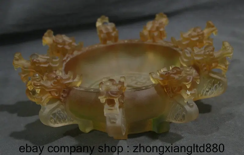 9.2 &quotКитай Желтая Глазурь Резьба Девять Голова Дракона Статуя Пепельница Сосуд |
