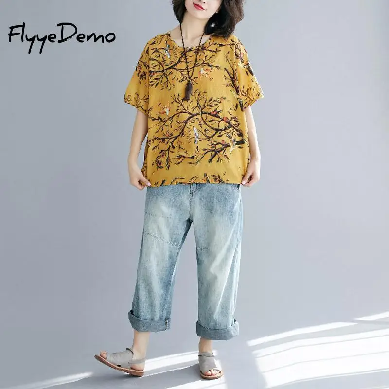 Женская желтая футболка с принтом в стиле Харадзюку летняя свободная льняная