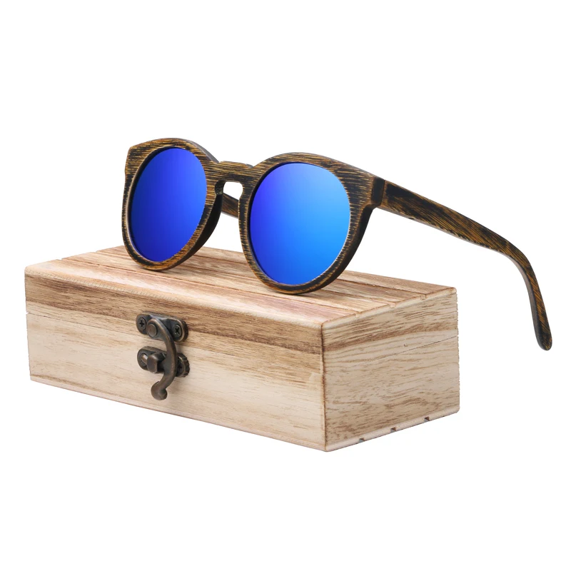 blue lens with case BerWer бамбуковые солнцезащитные очки для женщин, деревянные солнцезащитные поляризированные солнцезащитные очки, круглые линзы вождения UV400 очки - Цвет линз: blue lens with case