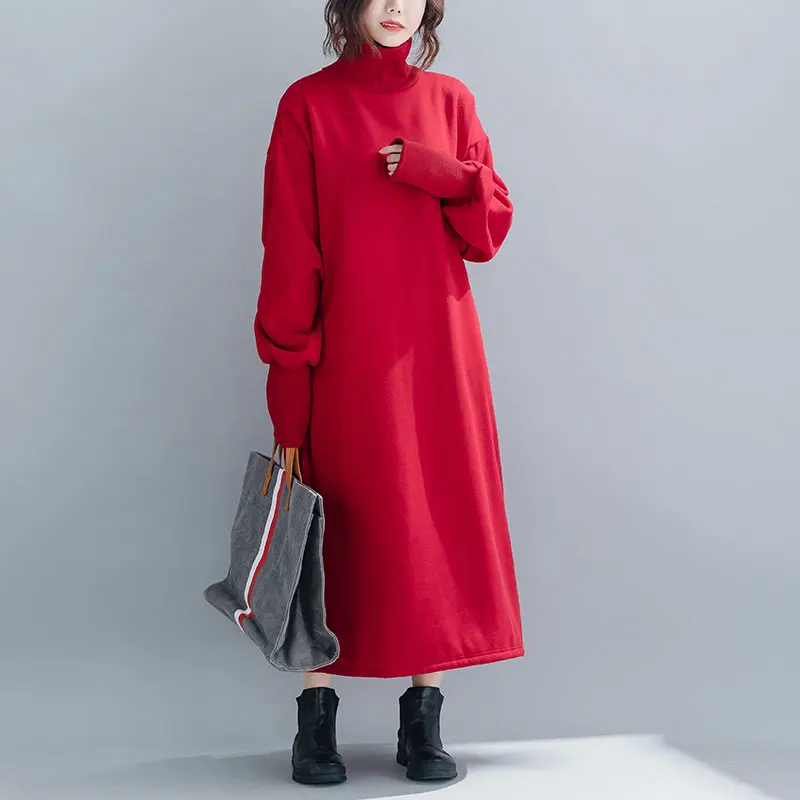 Oladivi Plus Size Women Velvet Hoodies& Sweatshirt Ladies Turtleneck Warm Coat Female Winter Long Top Tunic Vestidios Red Black