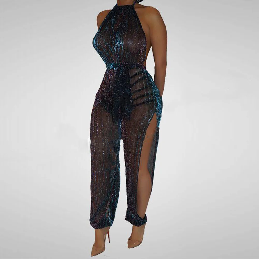 Женский комбинезон без рукавов OMILKA голубой сетчатый прозрачный с открытой