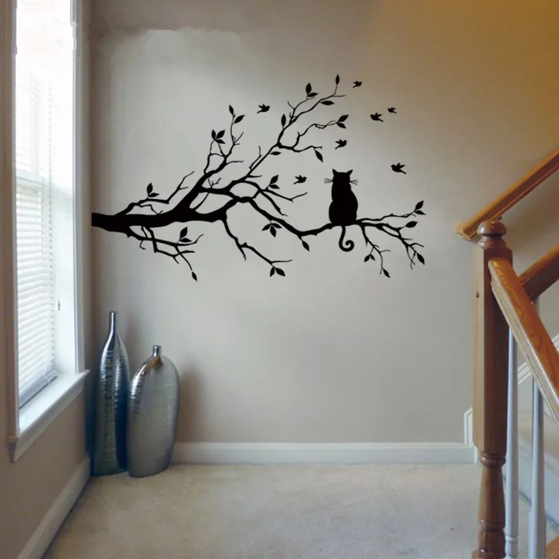 Кота на ветка дерева с птицами виниловая наклейка стену Стикеры Wall Art