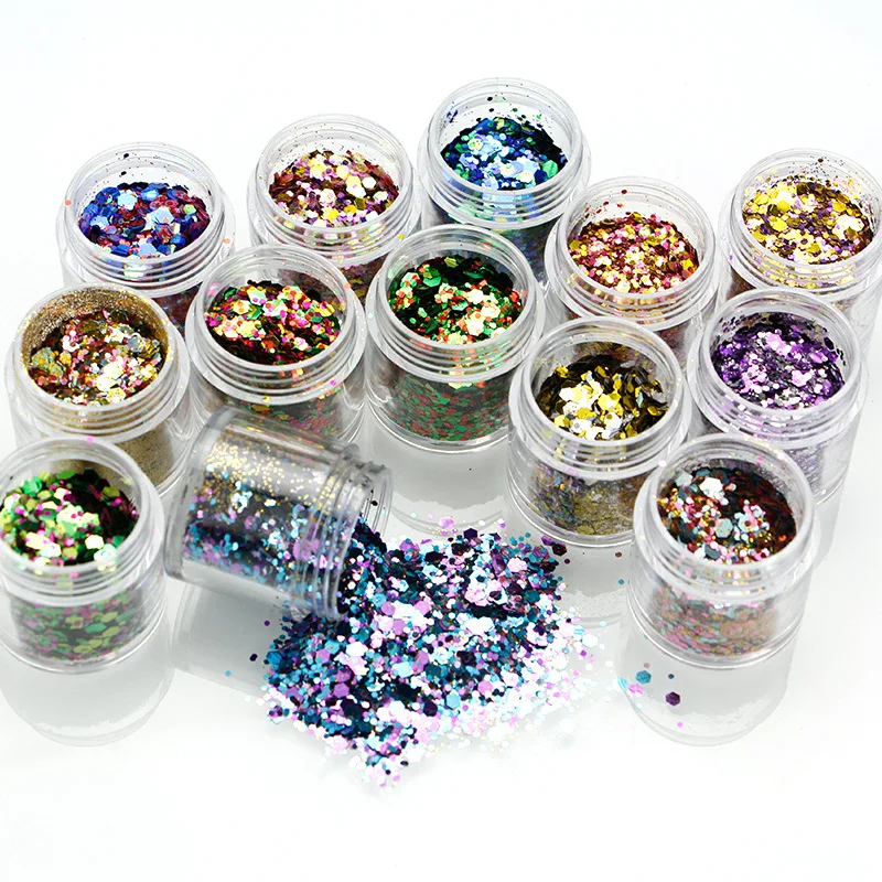 

10g/Jar 1MM-2MM-3MM Mixed Colorful Sequins Nail Art Holographic Flakies Powder For Nail Art Decoration Shinny Colors MA01-3