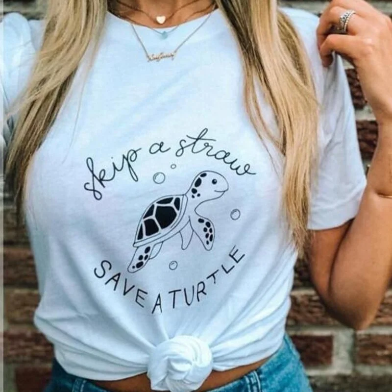 Sunfiz YF Skip a Straw Save Turtle футболка Забавный слоган Женская мода гранж Tumblr Эстетическая