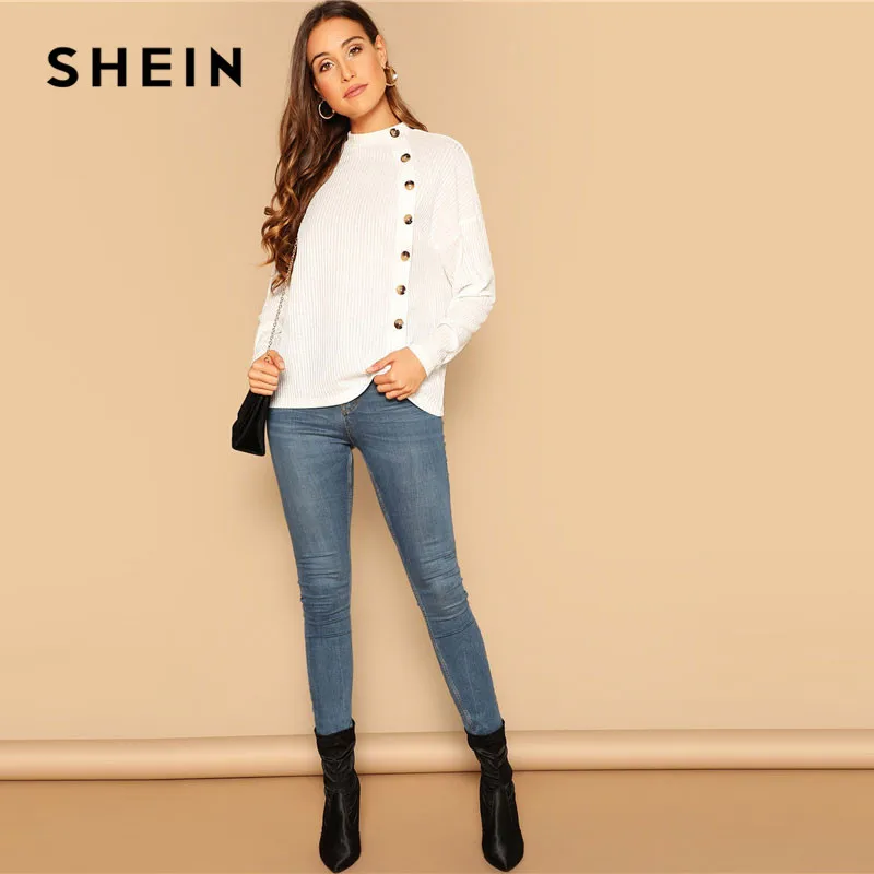 SHEIN белая пуговица спереди спущенное плечо ребристая трикотажная футболка Весна повседневные с длинным рукавом Женские Простые Топы женские выходные футболки