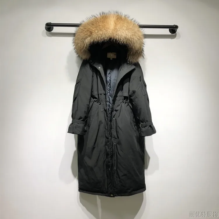 black-brown fur Большой натуральный мех енота зимняя куртка для женщин с капюшоном женские свободные пальто с капюшоном Длинная пуховая парка Толстая теплая куртка-пуховик на белом утином пуху - Цвет: black-brown fur