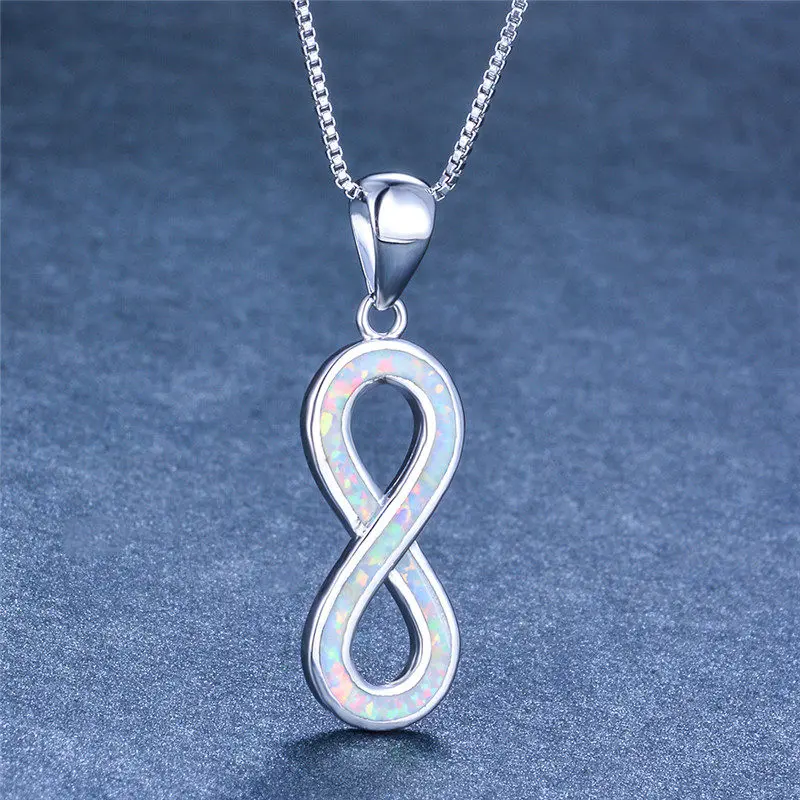Silver White Opal Милые женские Большие Подвески Бесконечность Бохо ожерелье s белый синий огонь ожерелье с опалом 925 Серебряное свадебное ожерелье s для женщин - Окраска металла: Silver White Opal