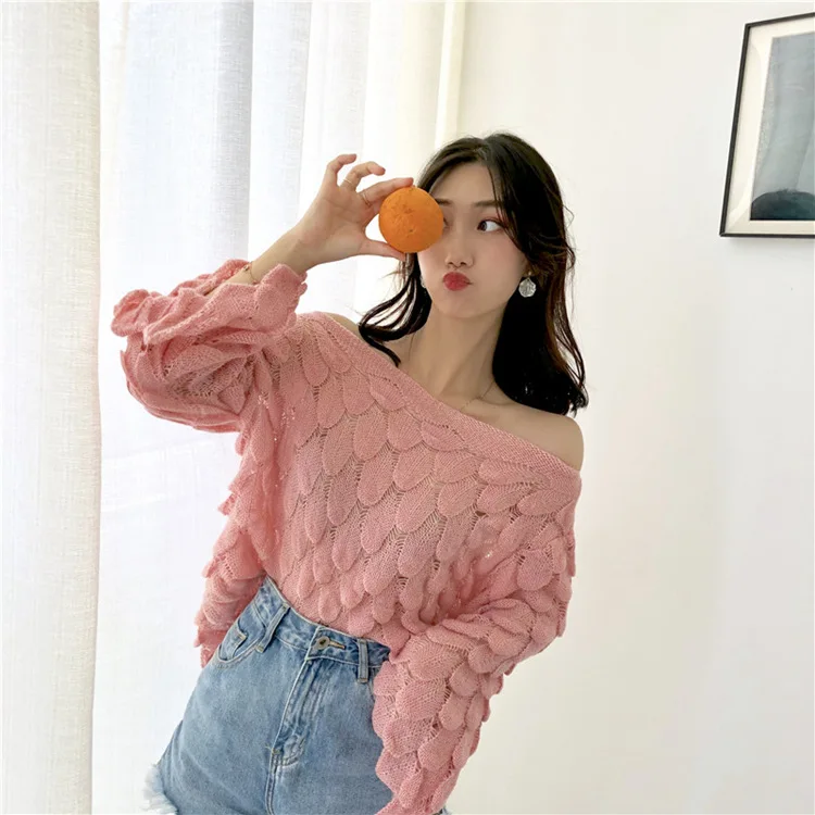 Solid Sexy Sweaters Fashion 2018 Women Loose Slash Neck Knitted Pullovers Long Sleeve Hollow Out Winter Tops for | Женская одежда