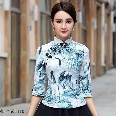 Sheng Coco 9 цветов китайские Топы Ципао Женская футболка Китай Mujer лето узор Cheongsam Китайская традиционная блуза одежда - Color: Hundred birds