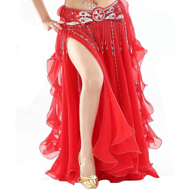 Red Для женщин живота Танцы Разделение юбка пикантные Профессиональный Bellydance тренировочная одежда макси длинные локоны плиссированная юбка леди 2 Слои Танцы костюмы - Цвет: Red