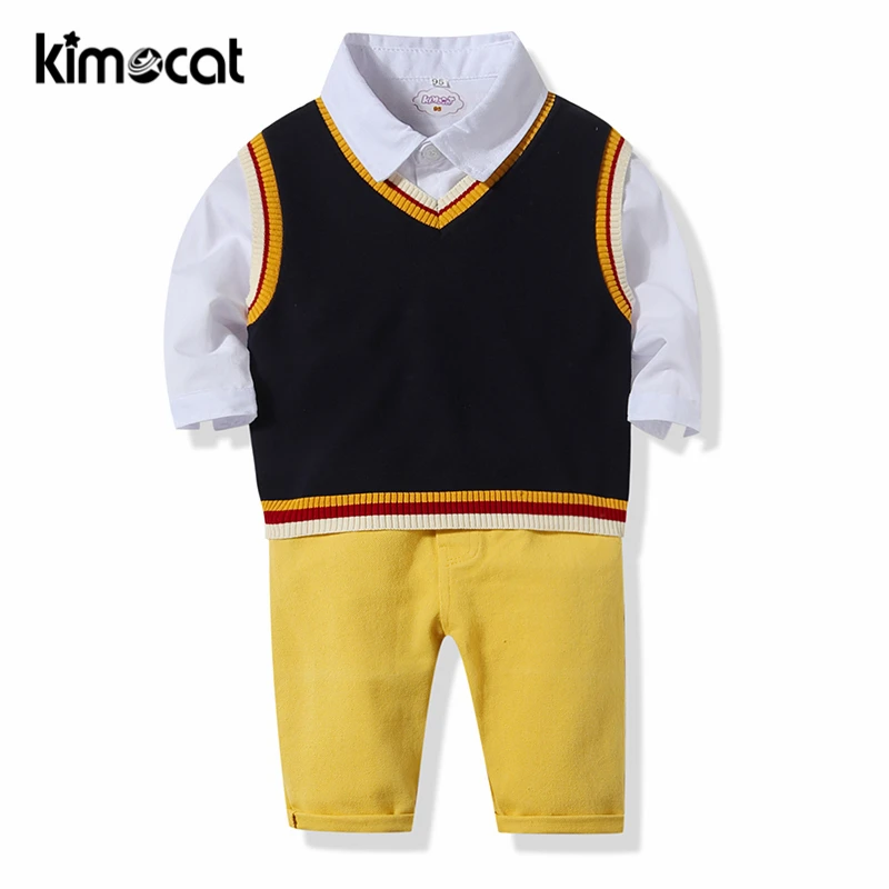

Kimocat Boys Clothing Set Boys Spring and Autumn Knit Vest+Shirt+Trousers Three-Piece SuitHandsome Gentleman Baby Boy Clothes