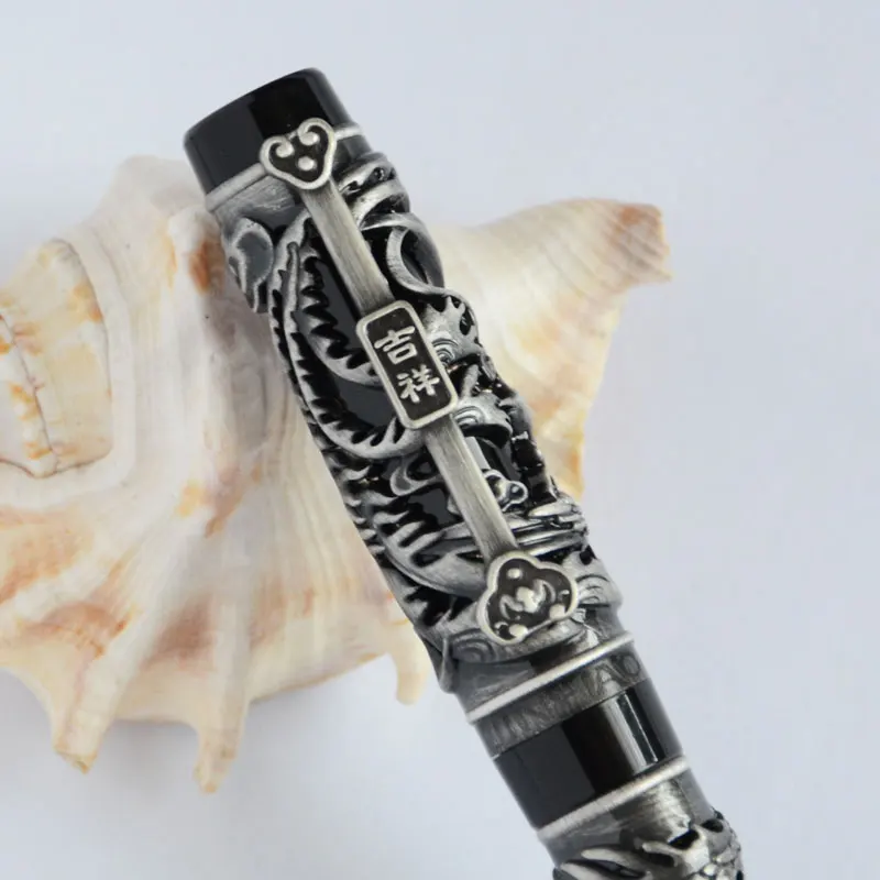 Авторучка NOBLE JINHAO антикварная серебряная и черная Дракон Феникс 18KGP изящный
