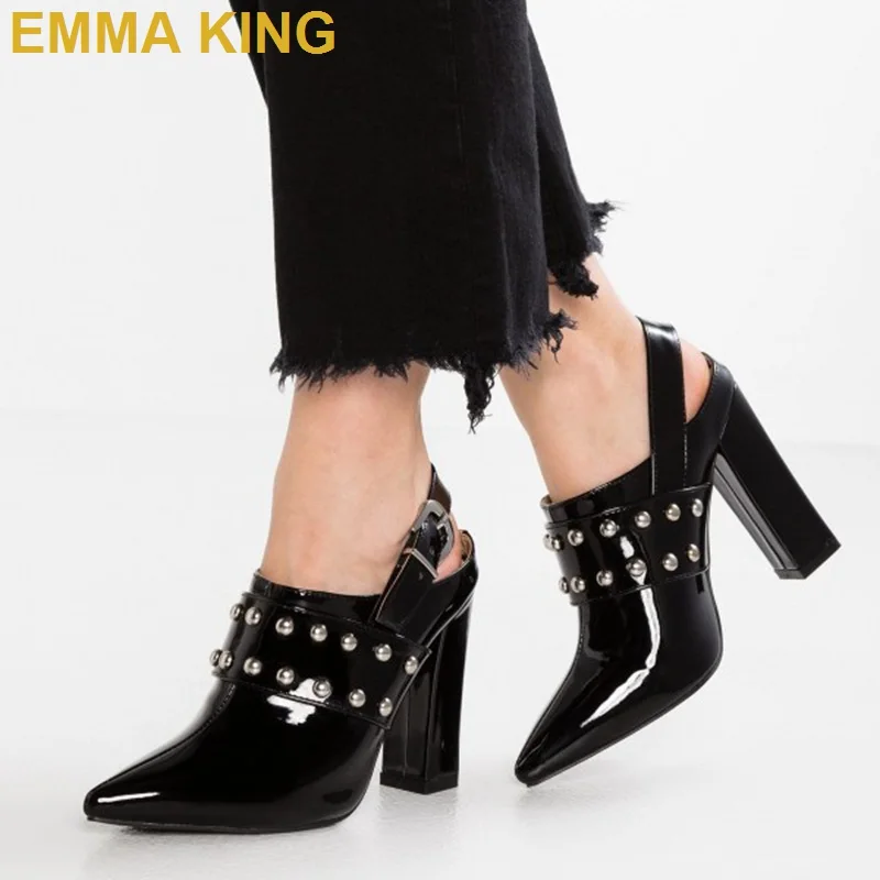 2019 Chic Slingback Летняя обувь женские сапоги на массивном каблуке с острым носком