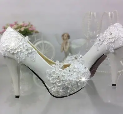 

PLUS SIZE wedding shoes white for woman lace flowers handmade bridal shoes TG303 round toe low med high heel brides shoes