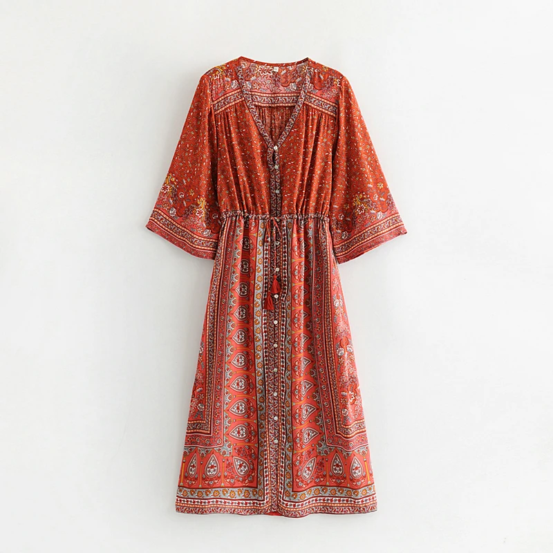 paisley print Tangada женское платье в стиле бохо с принтом пейсли, v-образный вырез, рукав три четверти,, корейская мода, женские миди платья, vestidos 3W98 - Цвет: paisley print