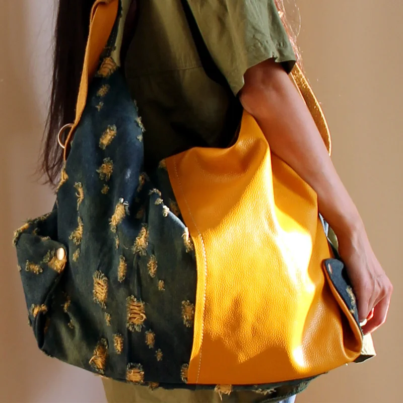 denim yellow Женские большие джинсовые сумки, повседневные мульти-карманные панковские сумки на плечо, большие вместительные сумки-мессенджеры, модные - Цвет: denim yellow