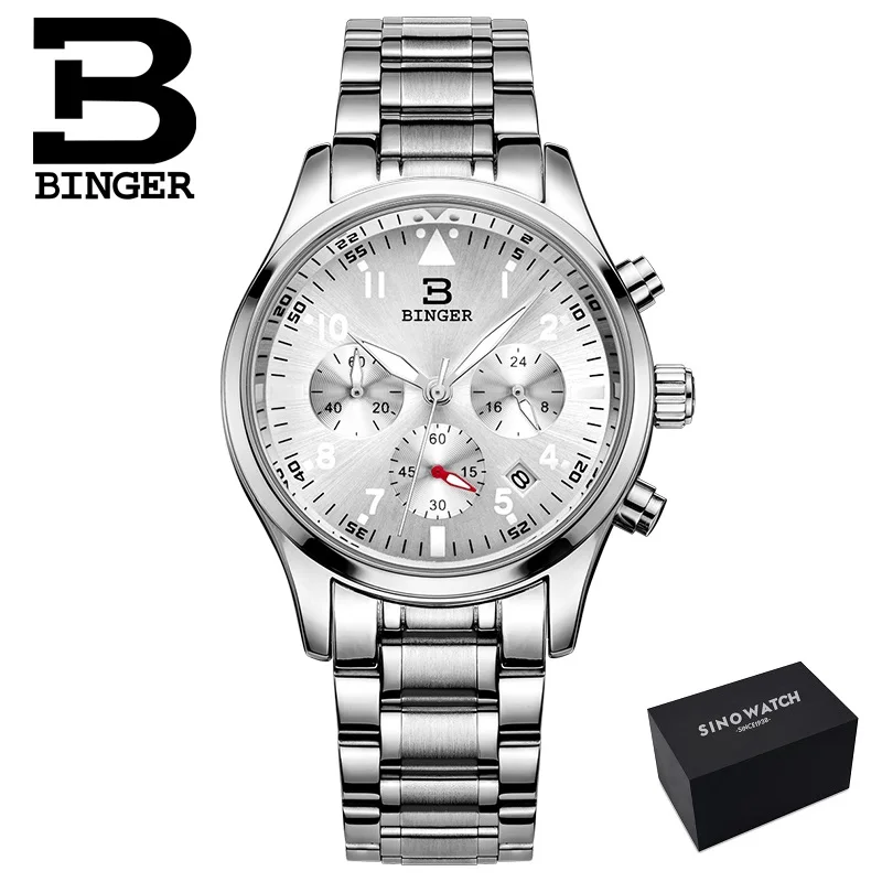 12SSW PLUS-Original Швейцарские BINGER мужские часы люксовый бренд Кварцевые водонепроницаемые полностью из нержавеющей стали хронограф секундомер наручные часы B9202-2 - Цвет: 12SSW PLUS-Original