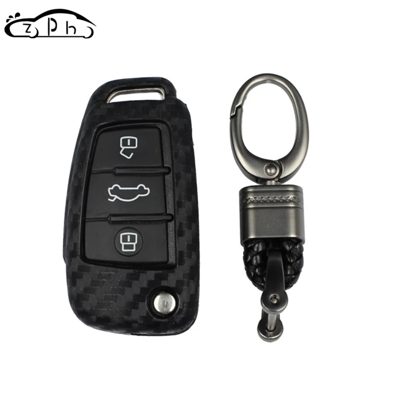 With keychain A Углеродного волокна дистанционного ключа автомобиля чехол Обложка для Audi C6 A7 A8 R8 A1 A3 A4 A5 Q7 A6 C5 S1 S3 RS6 TT Q3 флип силиконовый чехол в виде брелка - Название цвета: With keychain A