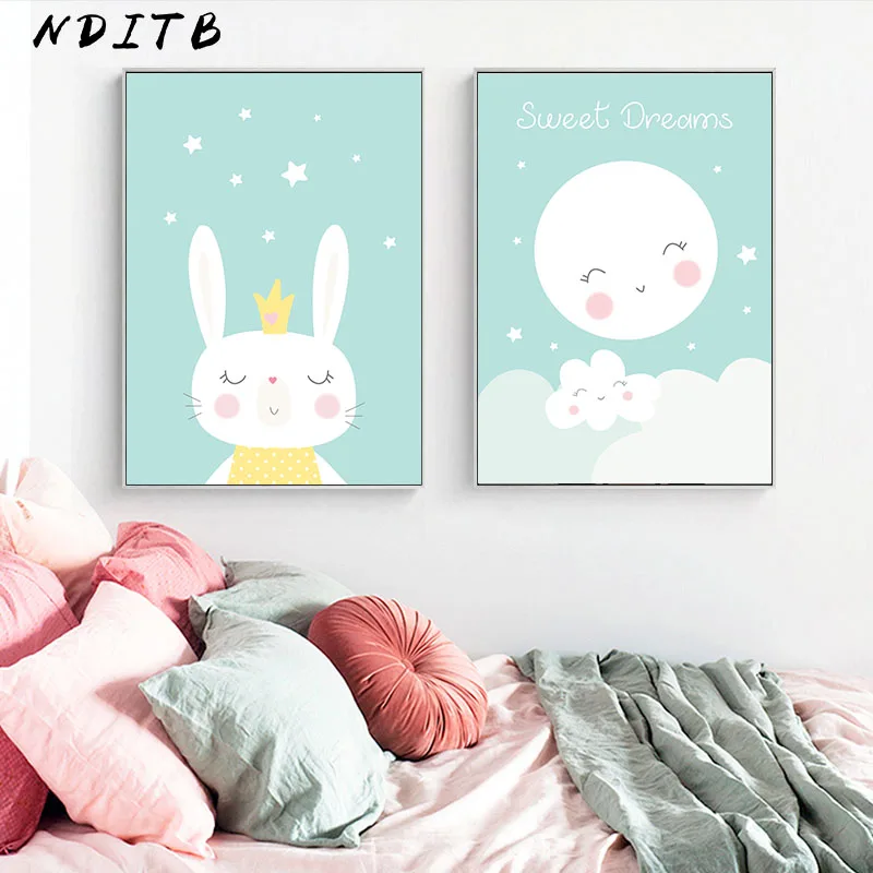 NDITB мультфильм кролик луна холст постеры Nurser печать настенная живопись