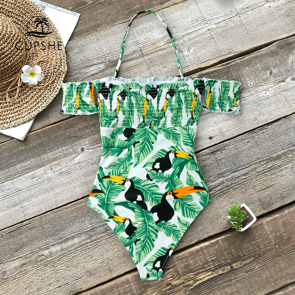 CUPSHE Green Leaves And Parrots Off Shoulder One-Piece Swimsuit 2019 Women Boho High Leg Cut Monokini Bathing Suits | Спорт и