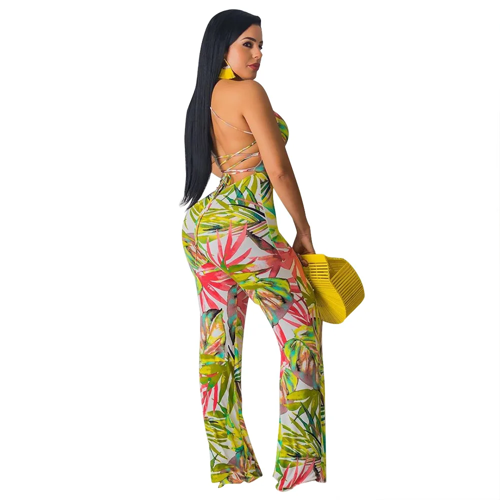 

Summer Autumn Women Jumpsuit Bodycon Playsuit Bodysuit Overalls Rompers Plus Size Leaves Print Sexy Backless Jumpsuits