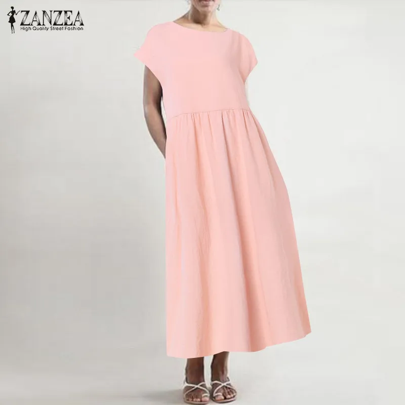 Short Sleeve Pink Женский льняной сарафан ZANZEA размера плюс летнее платье миди Повседневная рубашка с коротким рукавом с высокой талией плиссированное платье Femme - Цвет: Short Sleeve Pink