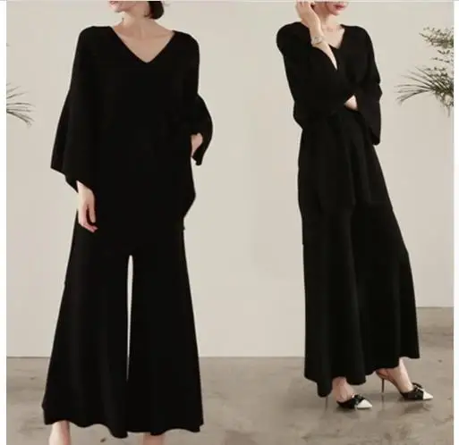 Knitting Sweater Pantsuit Two Piece Set Knitted Pullover office lady High Waist Wide Leg Pants Women's Suit | Женская одежда